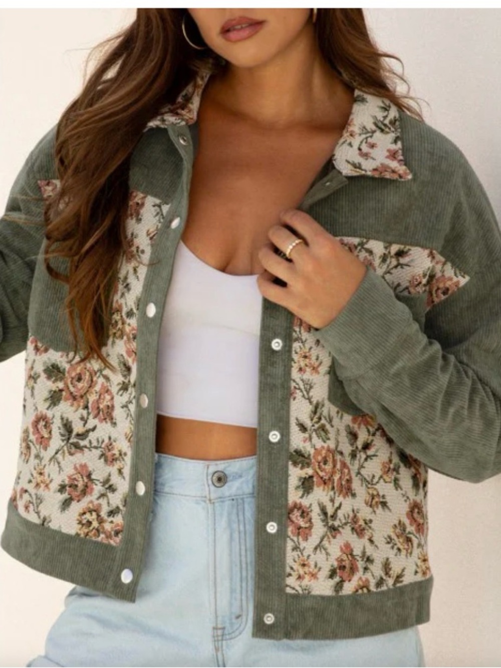 NWOT Floral Patchwork Corduroy Jacket in Olive Green